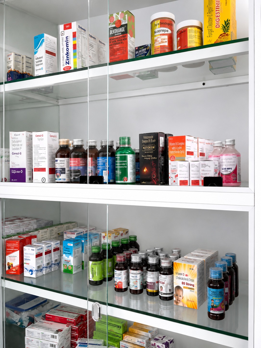 ARD Health Care glass pharmacy display with syrups, vitamins and paediatric medicines in Ayalur Nenmara